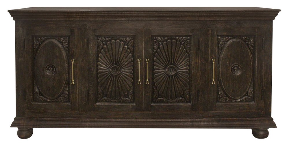 73" Black Distressed Solid Wood Carved Floral Sideboard With Four Doors HomeRoots