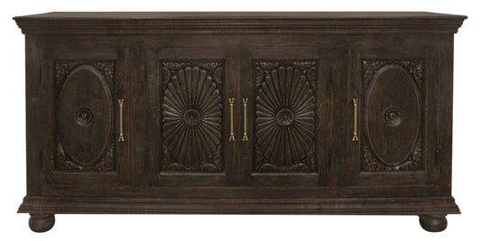 73" Black Distressed Solid Wood Carved Floral Sideboard With Four Doors