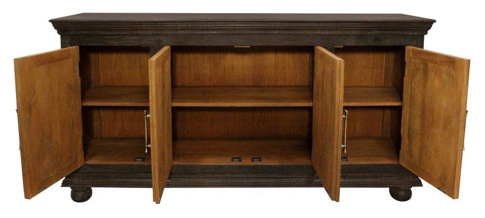 73" Black Distressed Solid Wood Carved Floral Sideboard With Four Doors HomeRoots