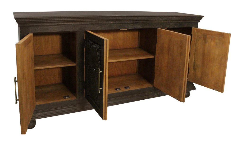 73" Black Distressed Solid Wood Carved Floral Sideboard With Four Doors — view 3