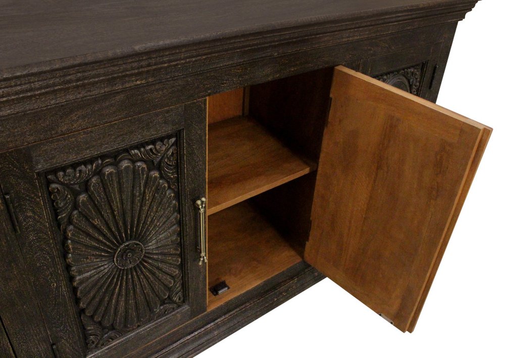 73" Black Distressed Solid Wood Carved Floral Sideboard With Four Doors — view 4