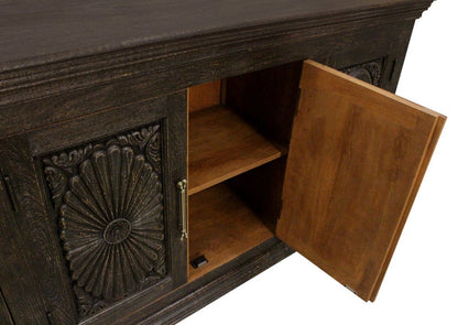 73" Black Distressed Solid Wood Carved Floral Sideboard With Four Doors HomeRoots