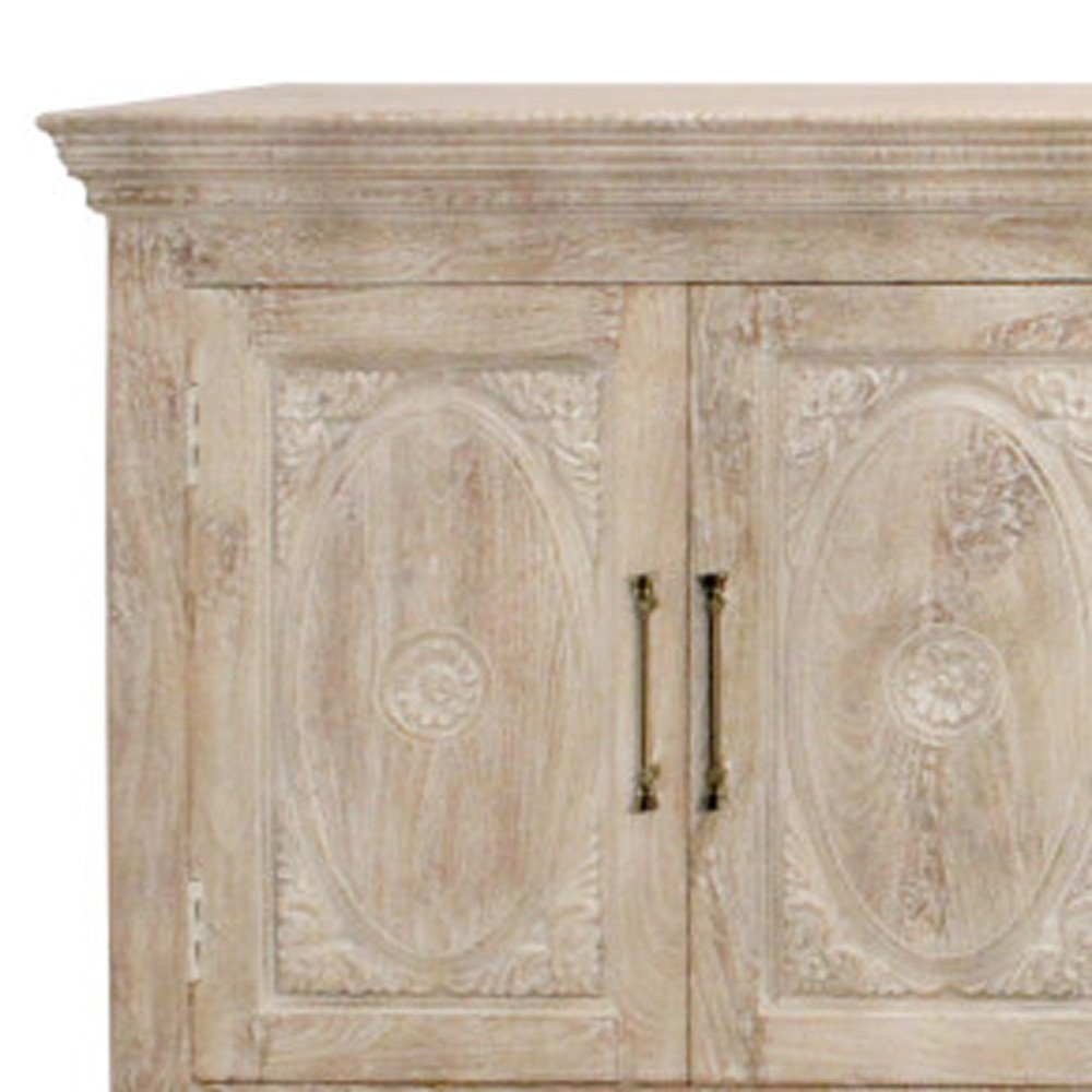 103" Antiqued White Distressed Solid Wood Carved Floral Sideboard with Six Doors HomeRoots