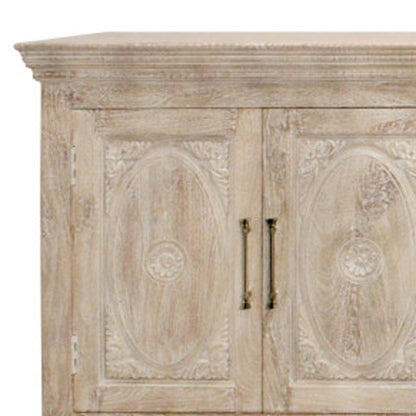 103" Antiqued White Distressed Solid Wood Carved Floral Sideboard with Six Doors HomeRoots