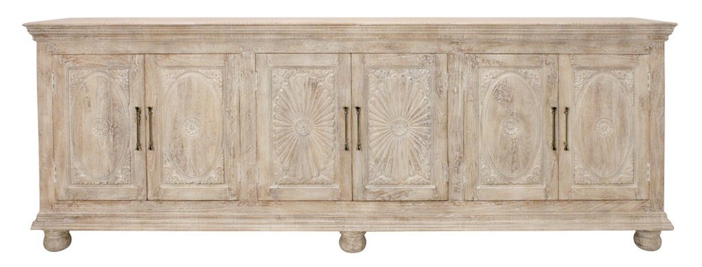 103" Antiqued White Distressed Solid Wood Carved Floral Sideboard with Six Doors HomeRoots