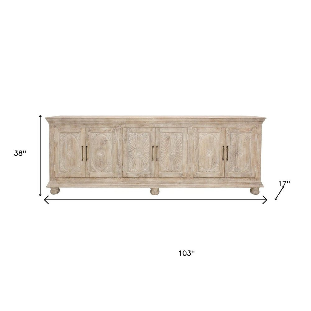 103" Antiqued White Distressed Solid Wood Carved Floral Sideboard with Six Doors HomeRoots