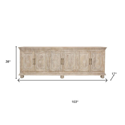 103" Antiqued White Distressed Solid Wood Carved Floral Sideboard with Six Doors HomeRoots