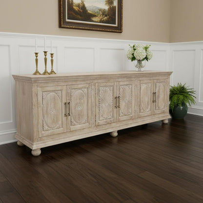 103" Antiqued White Distressed Solid Wood Carved Floral Sideboard with Six Doors HomeRoots