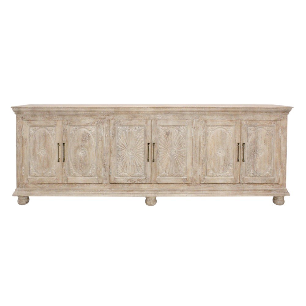 103" Antiqued White Distressed Solid Wood Carved Floral Sideboard with Six Doors HomeRoots