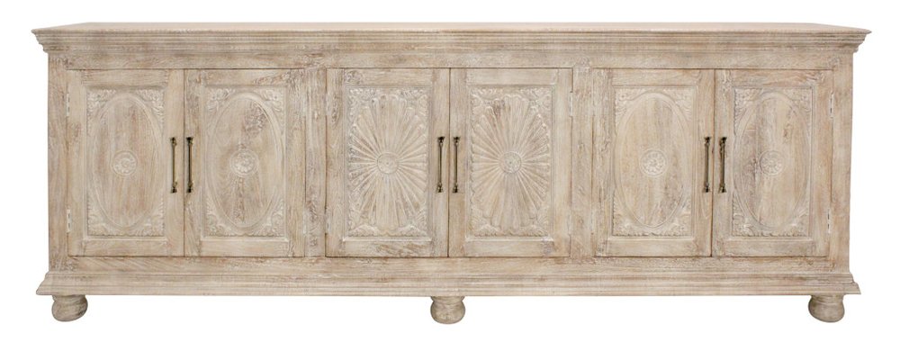 103" Antiqued White Distressed Solid Wood Carved Floral Sideboard with Six Doors HomeRoots