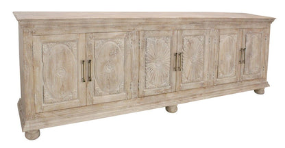 103" Antiqued White Distressed Solid Wood Carved Floral Sideboard with Six Doors HomeRoots