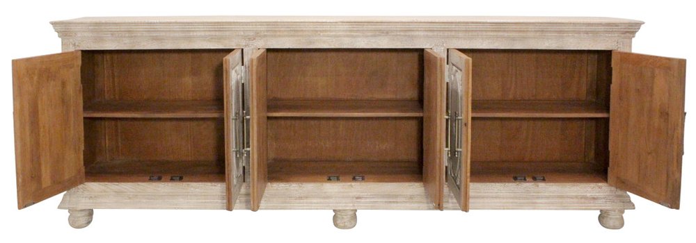 103" Antiqued White Distressed Solid Wood Carved Floral Sideboard with Six Doors HomeRoots