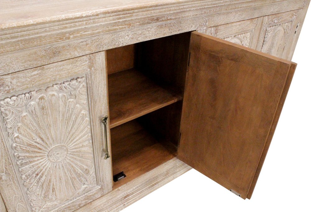 103" Antiqued White Distressed Solid Wood Carved Floral Sideboard with Six Doors HomeRoots