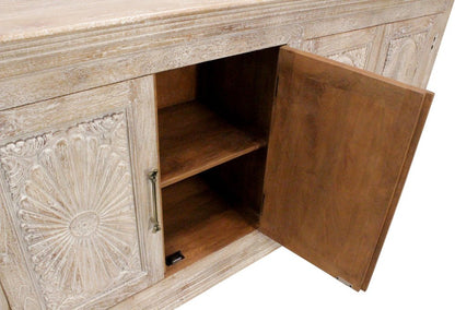 103" Antiqued White Distressed Solid Wood Carved Floral Sideboard with Six Doors HomeRoots