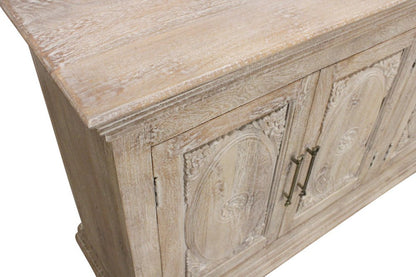 103" Antiqued White Distressed Solid Wood Carved Floral Sideboard with Six Doors HomeRoots