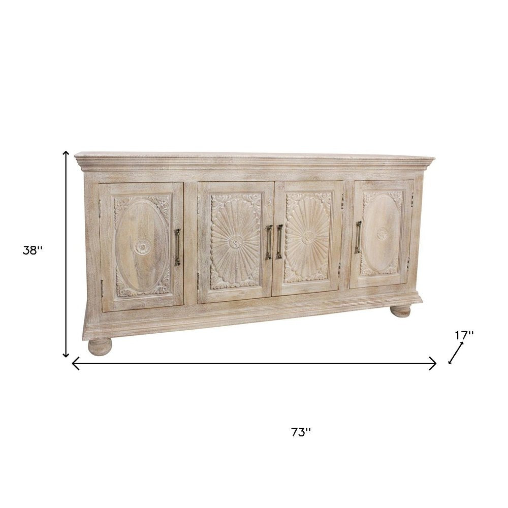 73" Antiqued White Distressed Solid Wood Carved Floral Sideboard With Four Doors HomeRoots
