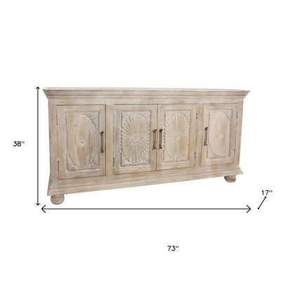 73" Antiqued White Distressed Solid Wood Carved Floral Sideboard With Four Doors HomeRoots