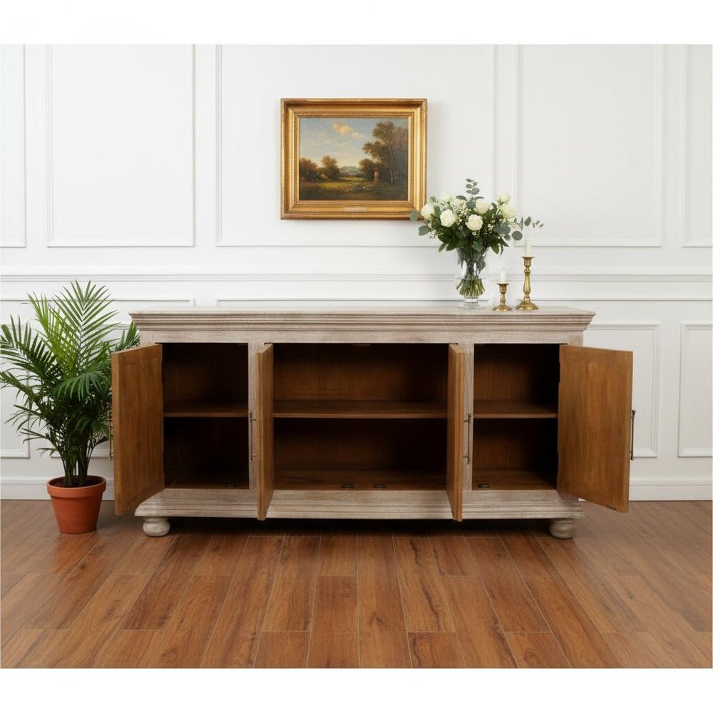 73" Antiqued White Distressed Solid Wood Carved Floral Sideboard With Four Doors HomeRoots