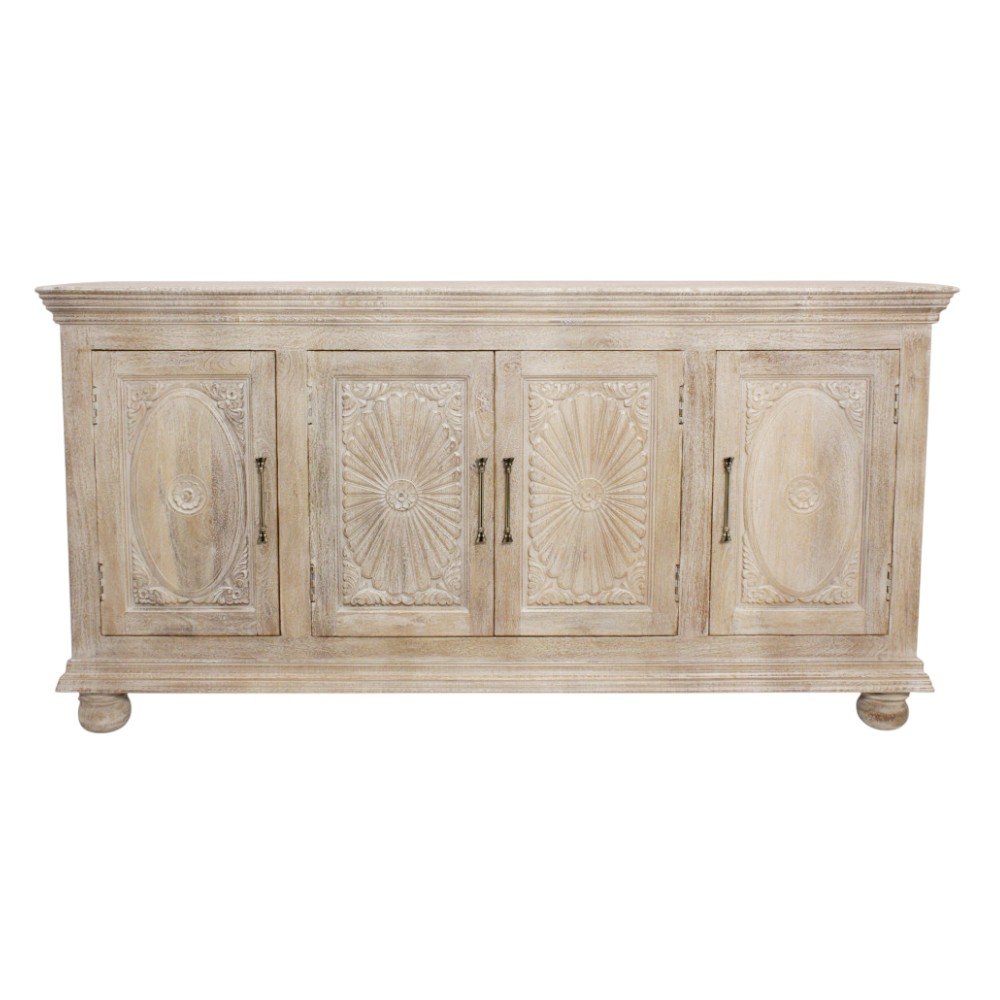 73" Antiqued White Distressed Solid Wood Carved Floral Sideboard With Four Doors — view 12