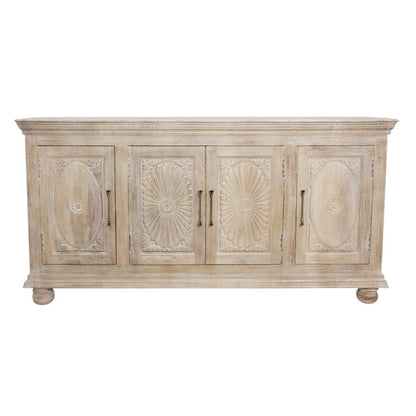 73" Antiqued White Distressed Solid Wood Carved Floral Sideboard With Four Doors HomeRoots