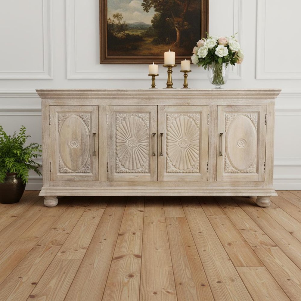 73" Antiqued White Distressed Solid Wood Carved Floral Sideboard With Four Doors HomeRoots
