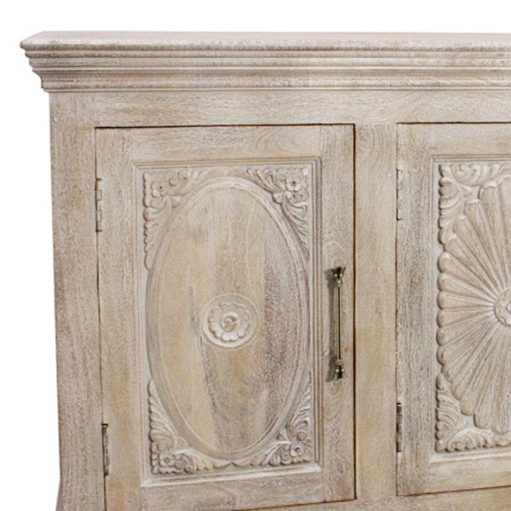 73" Antiqued White Distressed Solid Wood Carved Floral Sideboard With Four Doors HomeRoots