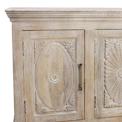 73" Antiqued White Distressed Solid Wood Carved Floral Sideboard With Four Doors HomeRoots