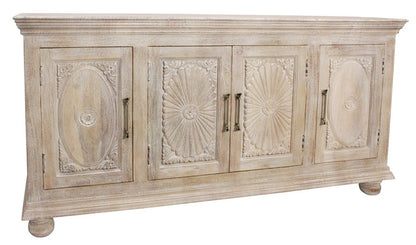 73" Antiqued White Distressed Solid Wood Carved Floral Sideboard With Four Doors HomeRoots
