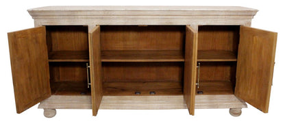 73" Antiqued White Distressed Solid Wood Carved Floral Sideboard With Four Doors HomeRoots