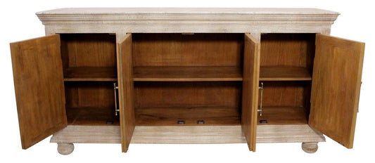 73" Antiqued White Distressed Solid Wood Carved Floral Sideboard With Four Doors