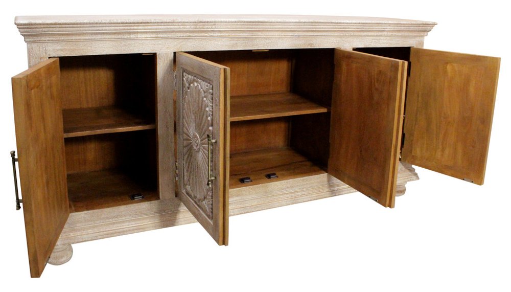 73" Antiqued White Distressed Solid Wood Carved Floral Sideboard With Four Doors — view 3