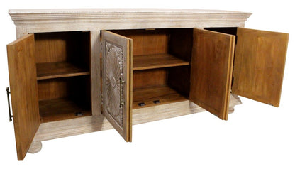 73" Antiqued White Distressed Solid Wood Carved Floral Sideboard With Four Doors HomeRoots