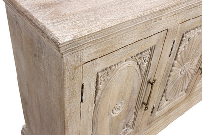 73" Antiqued White Distressed Solid Wood Carved Floral Sideboard With Four Doors HomeRoots