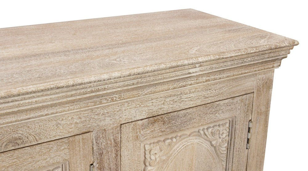 73" Antiqued White Distressed Solid Wood Carved Floral Sideboard With Four Doors HomeRoots