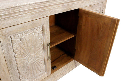 73" Antiqued White Distressed Solid Wood Carved Floral Sideboard With Four Doors HomeRoots