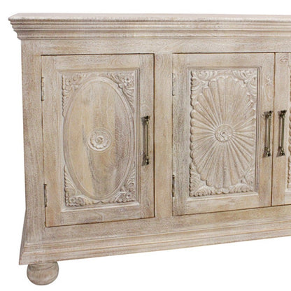 73" Antiqued White Distressed Solid Wood Carved Floral Sideboard With Four Doors HomeRoots
