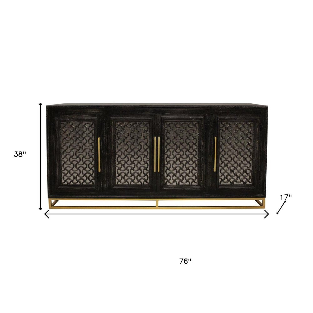 76" Black Distressed Solid Wood Carved Geometric Sideboard with Four Doors HomeRoots