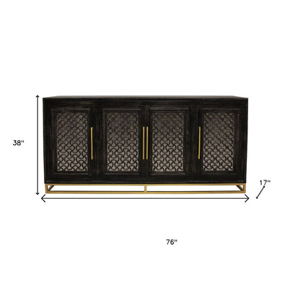 76" Black Distressed Solid Wood Carved Geometric Sideboard with Four Doors HomeRoots