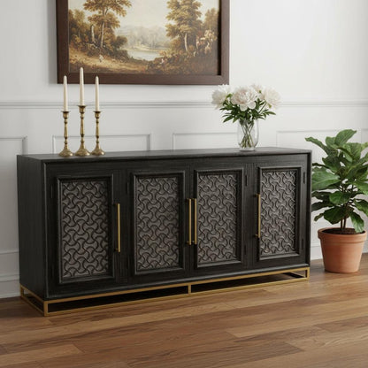 76" Black Distressed Solid Wood Carved Geometric Sideboard with Four Doors HomeRoots