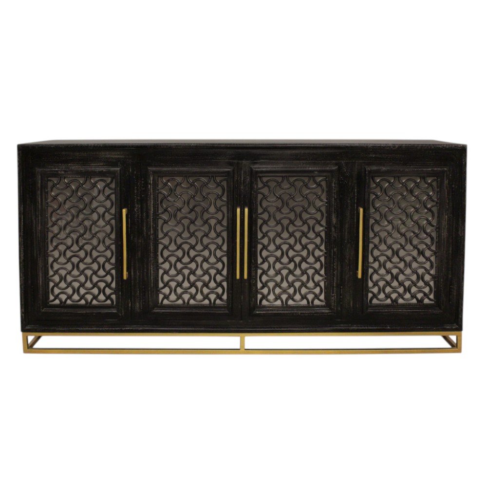 76" Black Distressed Solid Wood Carved Geometric Sideboard with Four Doors HomeRoots