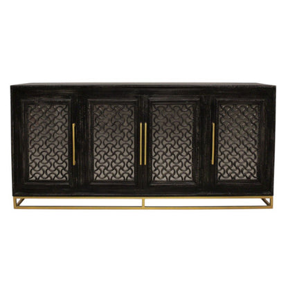 76" Black Distressed Solid Wood Carved Geometric Sideboard with Four Doors HomeRoots