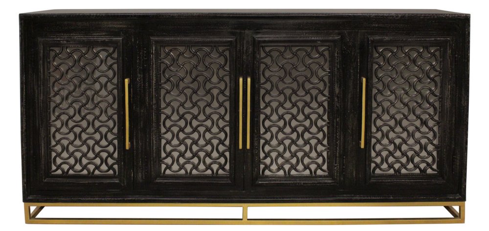 76" Black Distressed Solid Wood Carved Geometric Sideboard with Four Doors HomeRoots