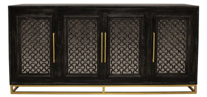 76" Black Distressed Solid Wood Carved Geometric Sideboard with Four Doors HomeRoots