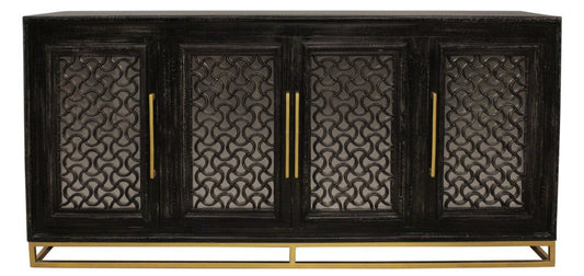 76" Black Distressed Solid Wood Carved Scrollwork Sideboard With Four Doors HomeRoots