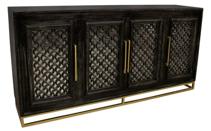76" Black Distressed Solid Wood Carved Geometric Sideboard with Four Doors HomeRoots