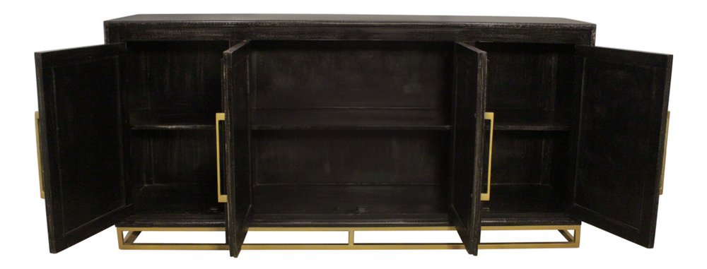 76" Black Distressed Solid Wood Carved Geometric Sideboard with Four Doors HomeRoots