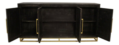76" Black Distressed Solid Wood Carved Geometric Sideboard with Four Doors HomeRoots