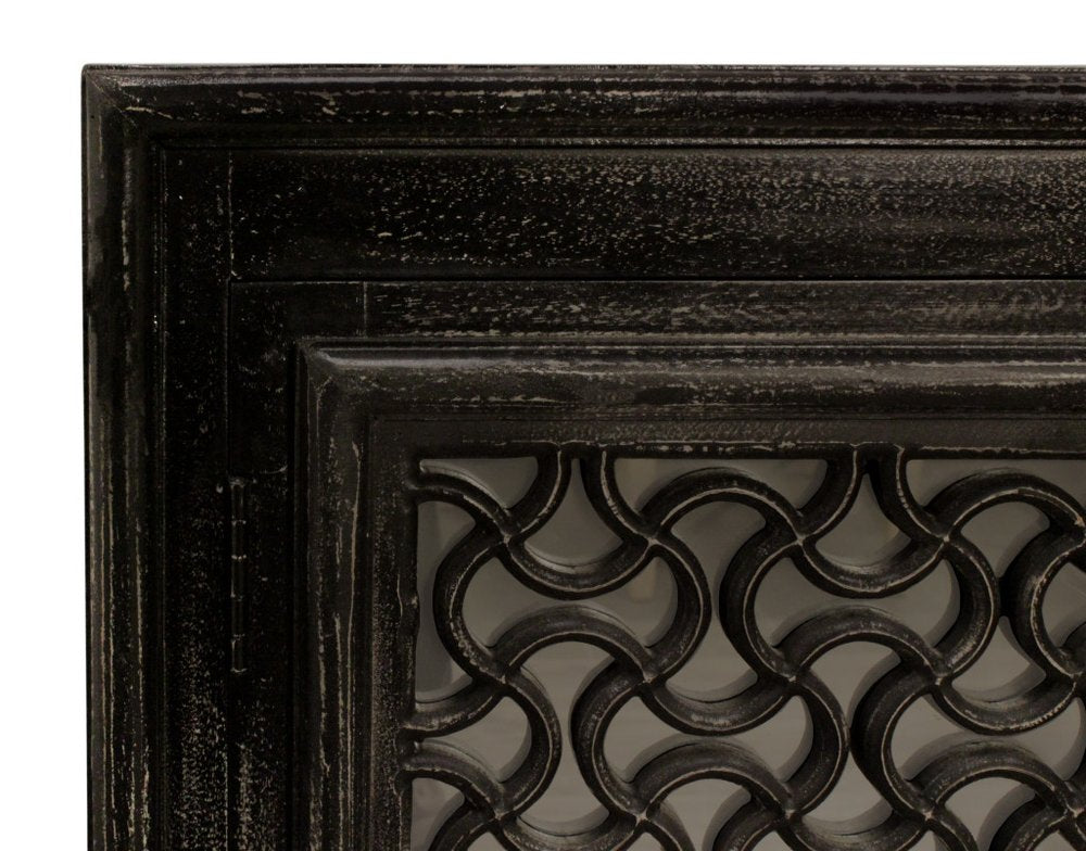 76" Black Distressed Solid Wood Carved Geometric Sideboard with Four Doors HomeRoots