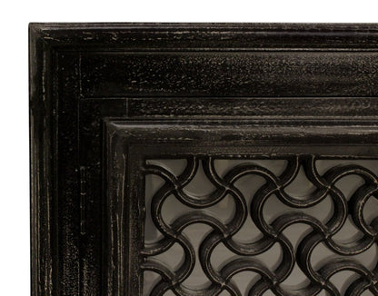 76" Black Distressed Solid Wood Carved Geometric Sideboard with Four Doors HomeRoots