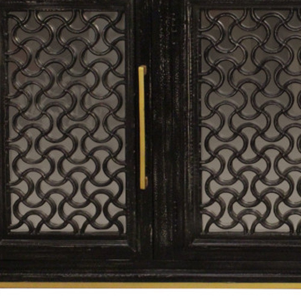 76" Black Distressed Solid Wood Carved Geometric Sideboard with Four Doors HomeRoots